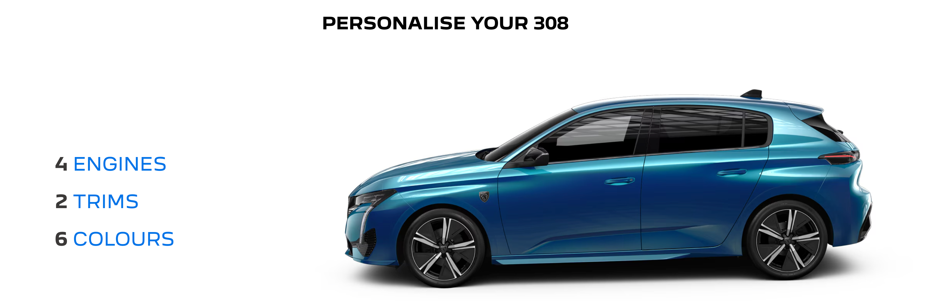 Blue Peugeot 308 side view with customisation options listed.