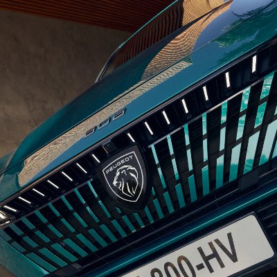 Close-up of a teal Peugeot 308 front grille and logo.