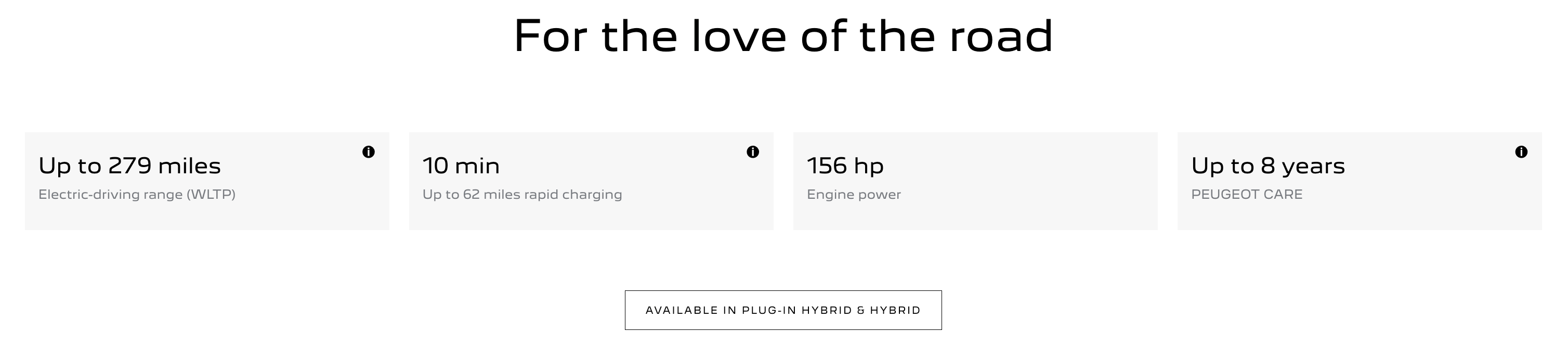 Peugeot E-308 webpage showing range, charging, power, and warranty details.