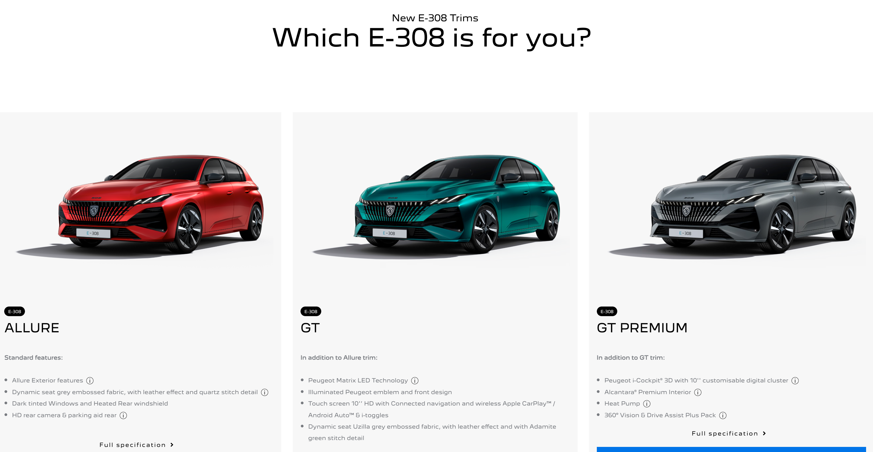 Three Peugeot E-308 trims: Allure in red, GT in teal, and GT Premium in grey, side by side.