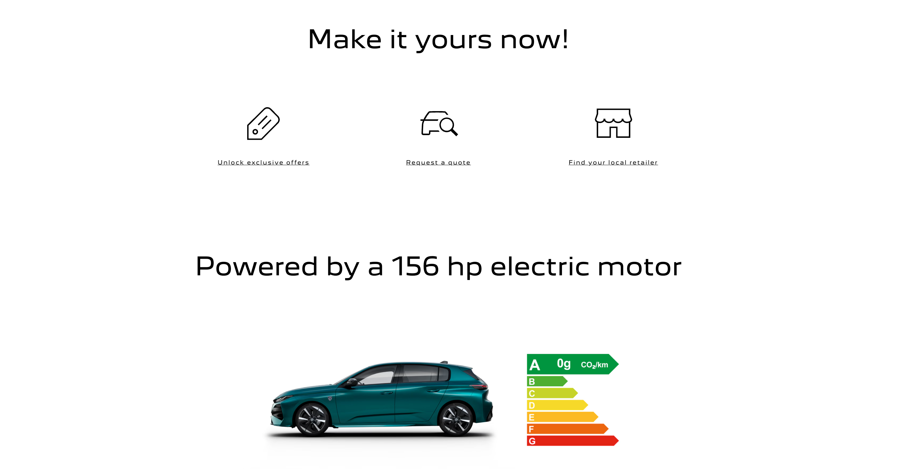 Teal electric car image with energy rating chart and text about a 156 hp motor.