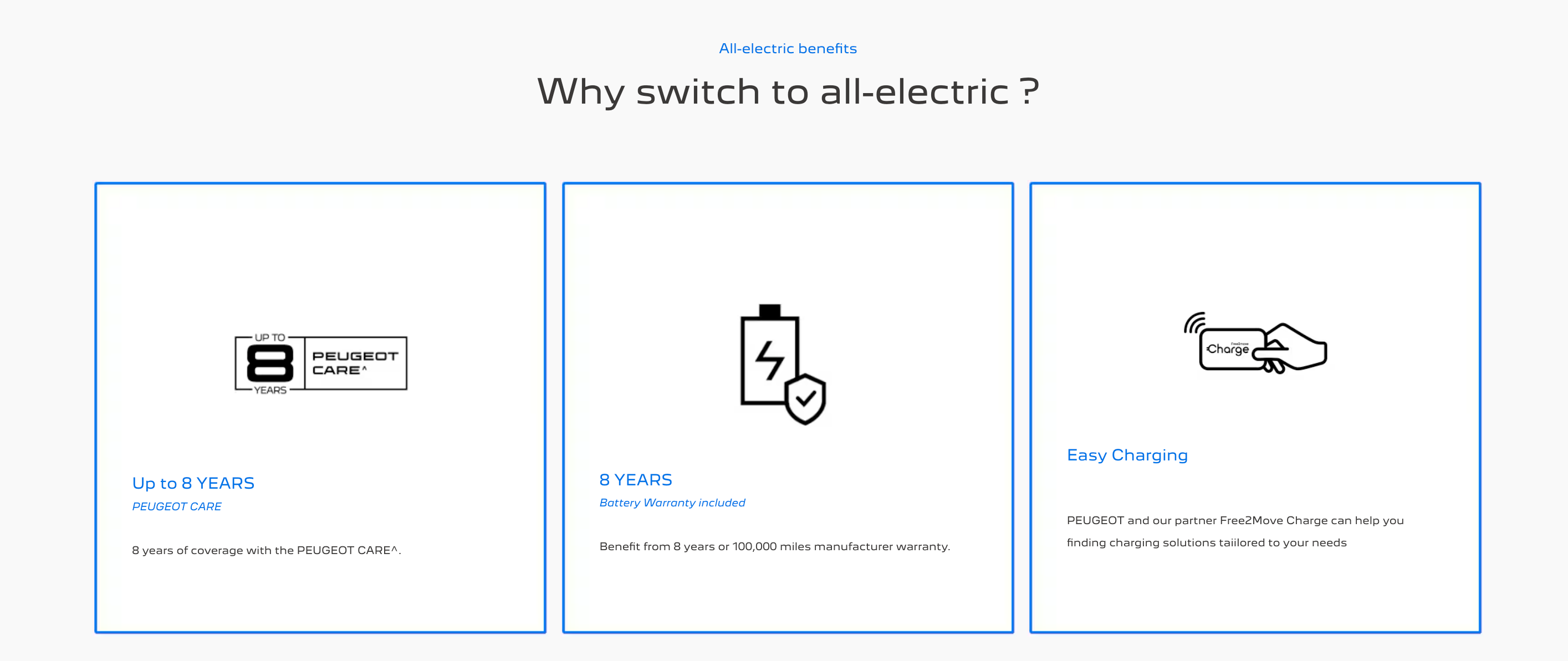 Image detailing Peugeot's all-electric benefits: 8-year warranty and easy charging options.