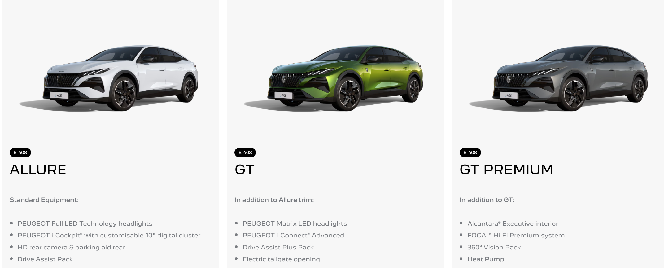 Webpage displaying three models of the Peugeot E-408: Allure, GT, and GT Premium.
