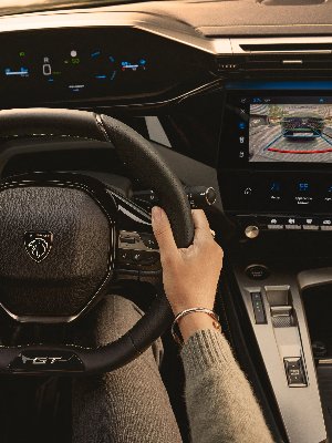 Person holding a Peugeot car steering wheel with dashboard and touchscreen visible.