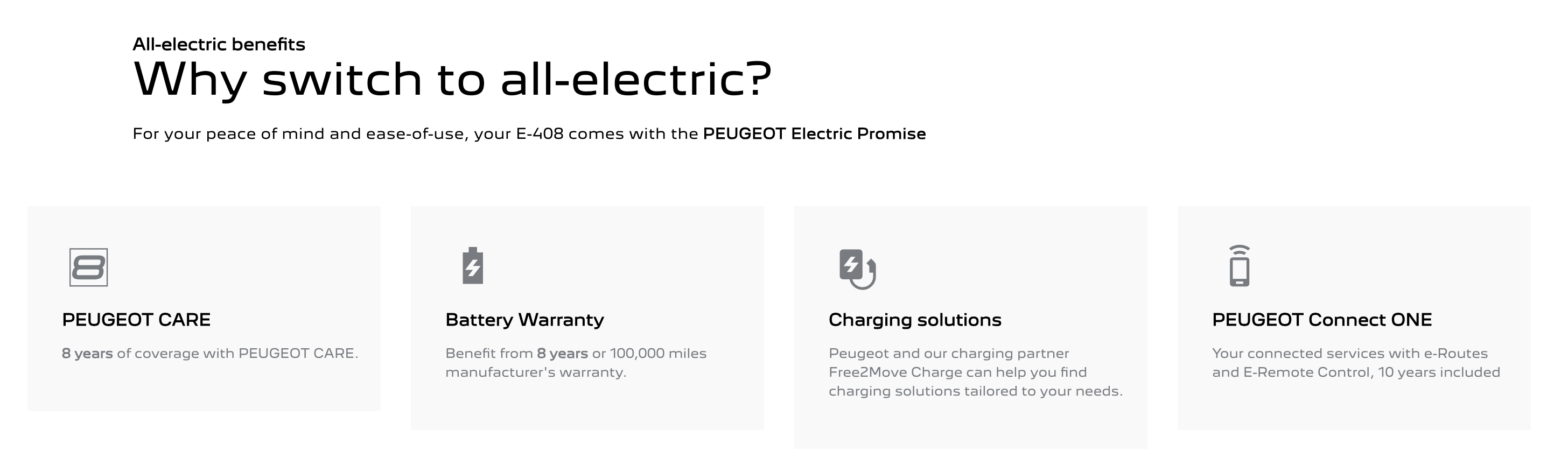 Screenshot of a Peugeot Electric Promise webpage detailing benefits of switching to electric.