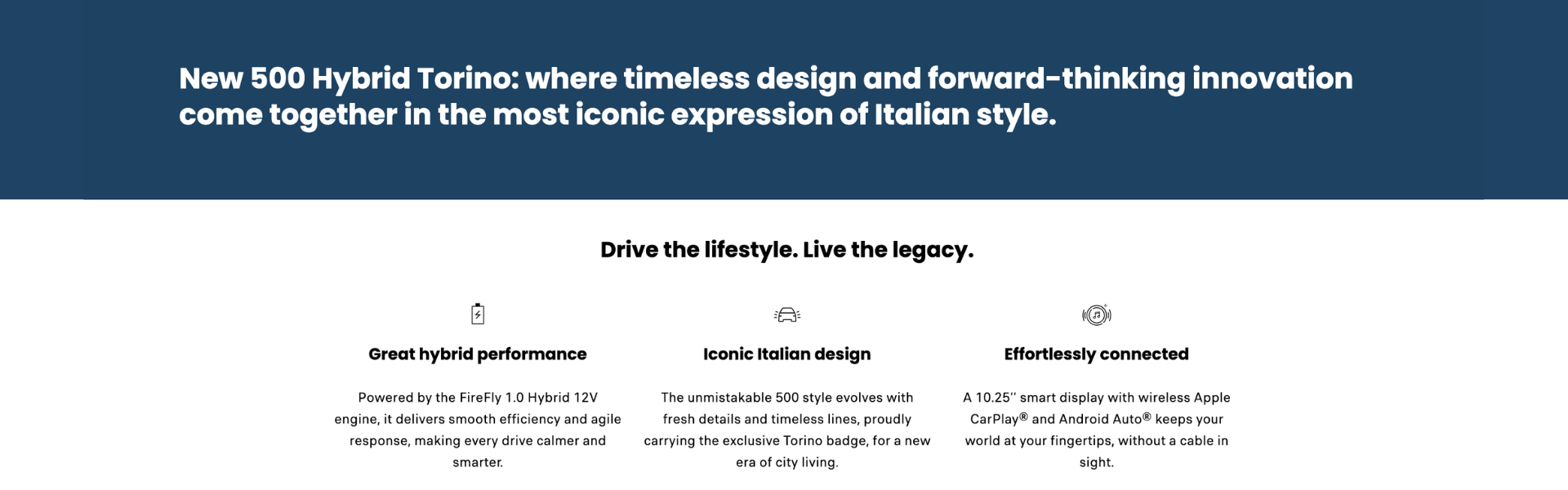 Image showing features of the New 500 Hybrid Torino with emphasis on design and technology.