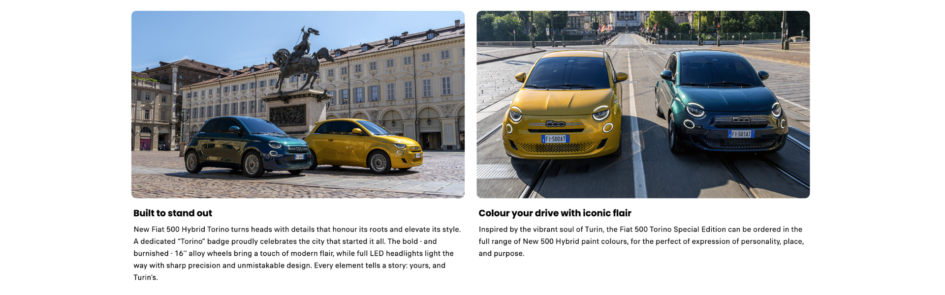 Green and yellow Fiat 500 cars parked in an Italian square near a statue.