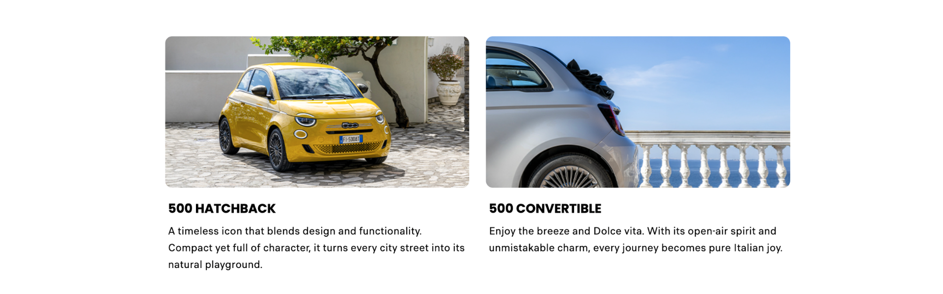 Yellow 500 hatchback next to a silver 500 convertible by a balustrade.