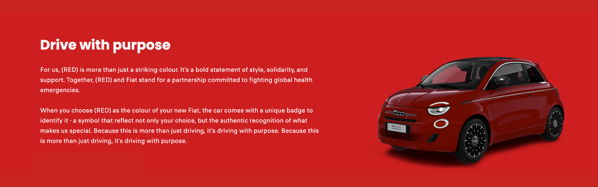 Red Fiat car with text Drive with purpose on the left side.