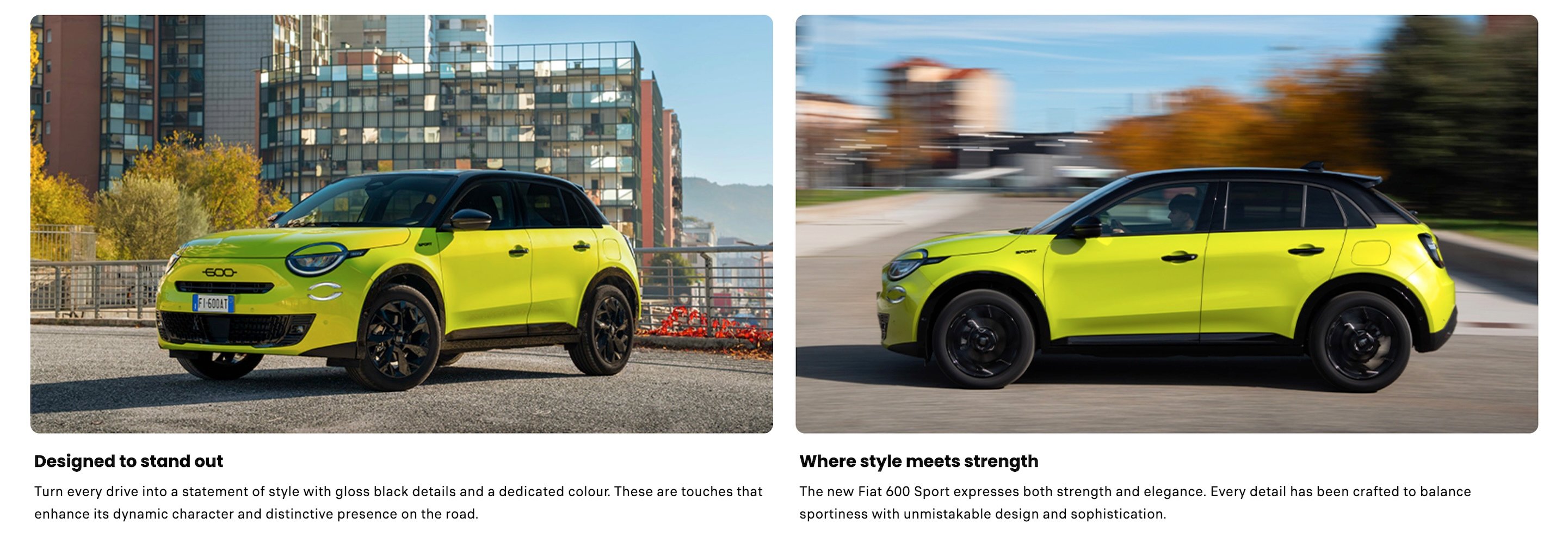 Two images of a bright yellow Fiat 600 Sport car from different angles.