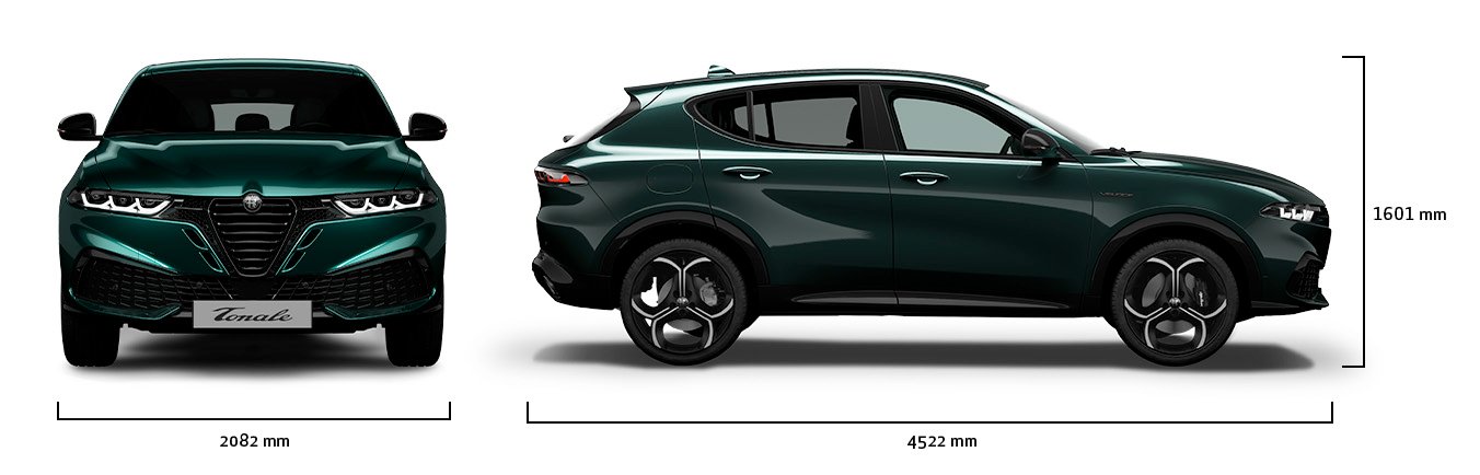 Front and side view of a dark green car with dimensions: 2082x1601x4522 mm.
