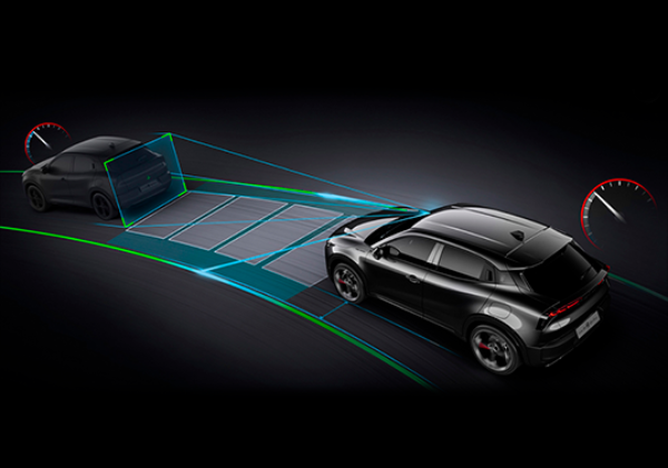 Two cars on a road with visible collision detection systems active.
