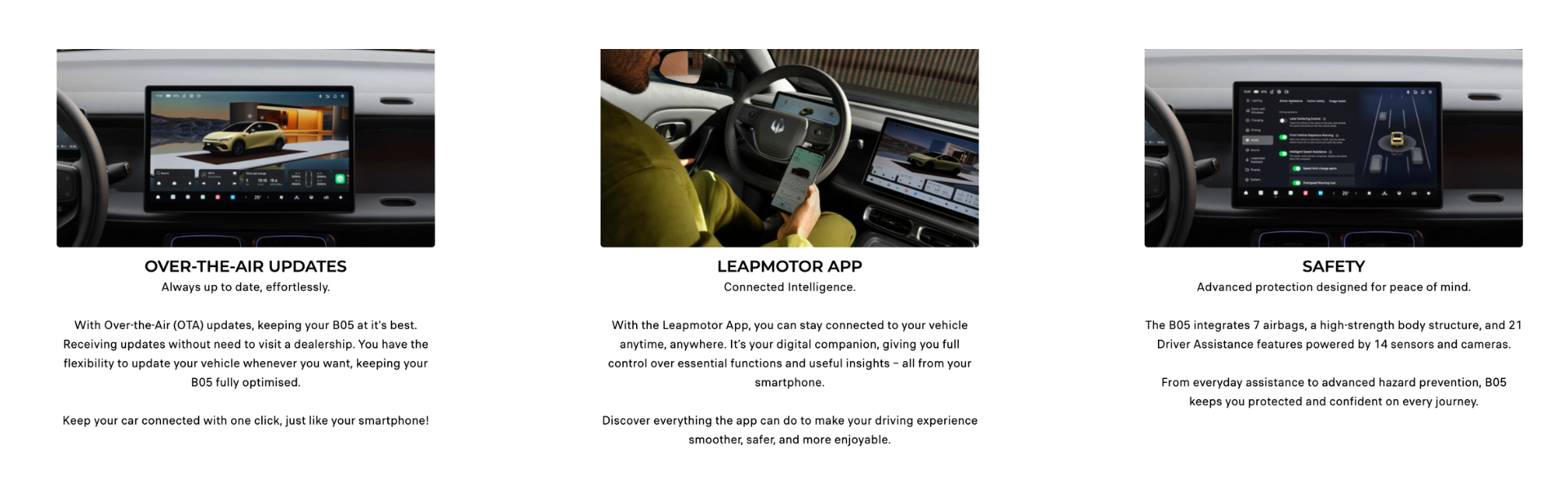 Three images showing car dashboard screens with descriptions of updates, app, and safety.
