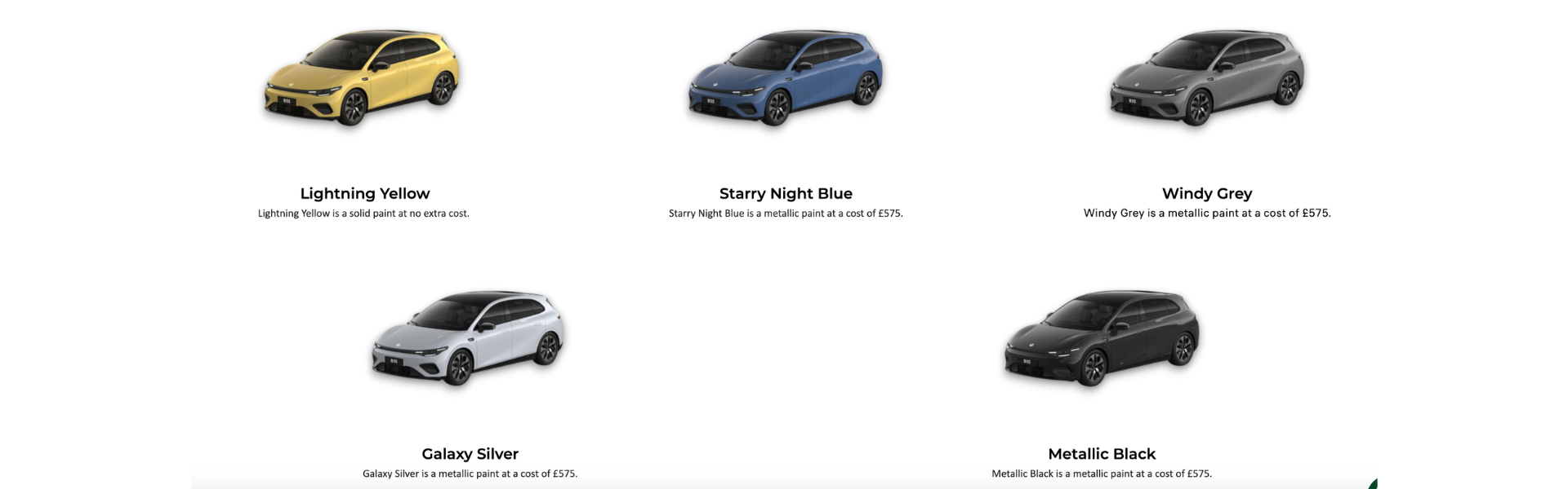Image of five cars in different colours: yellow, blue, grey, silver, and black.