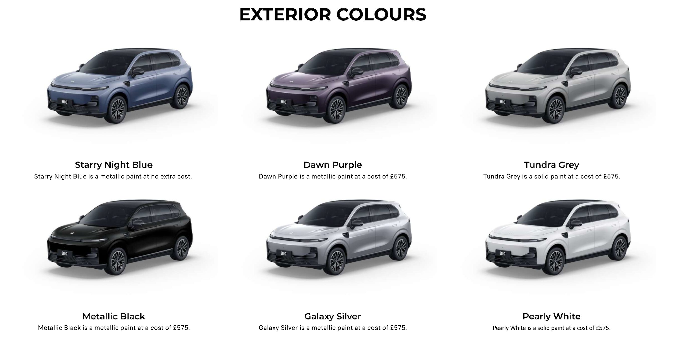 Six cars displayed in different colours: blue, purple, grey, black, silver, and white.