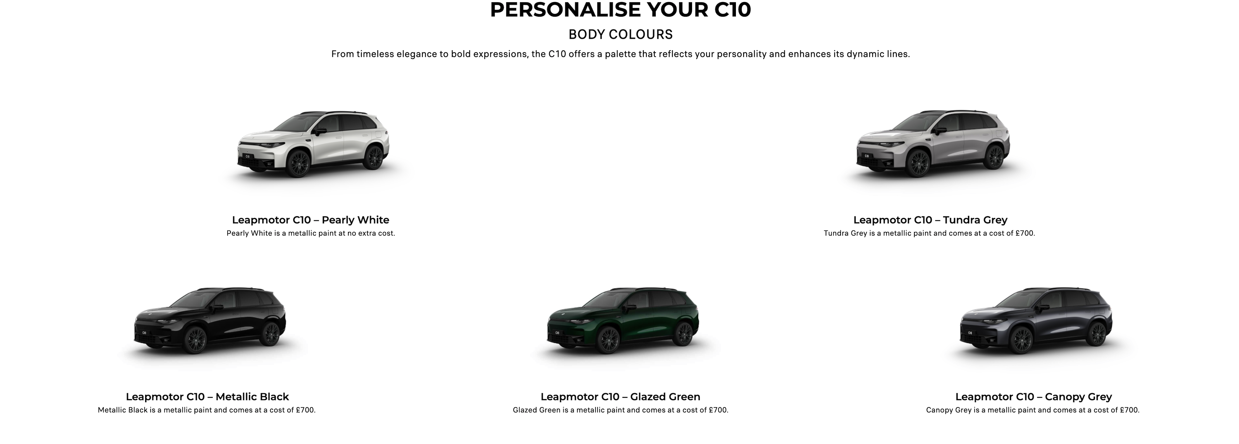 Leapmotor C10 in five colours: Pearly White, Tundra Grey, Metallic Black, Glazed Green, Canopy Grey.