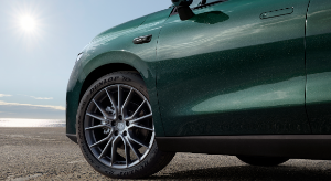 Close-up of the side of a green car with Dunlop tyres and alloy wheels.