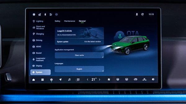 Car infotainment system displaying software update and various system settings.