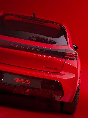 Rear view of a red Peugeot 208 GTI car showing the boot and tail lights.