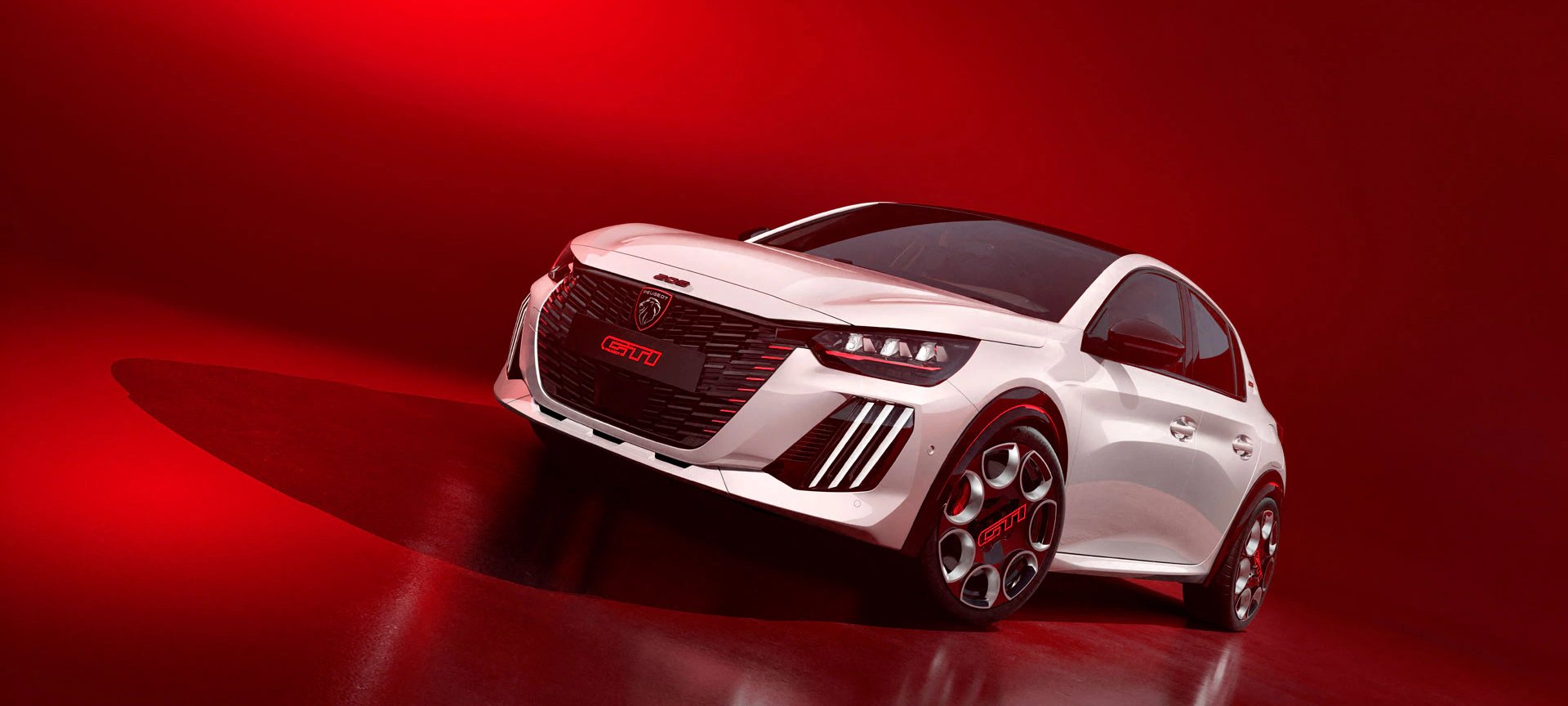 White hatchback car with futuristic design on a plain red background.