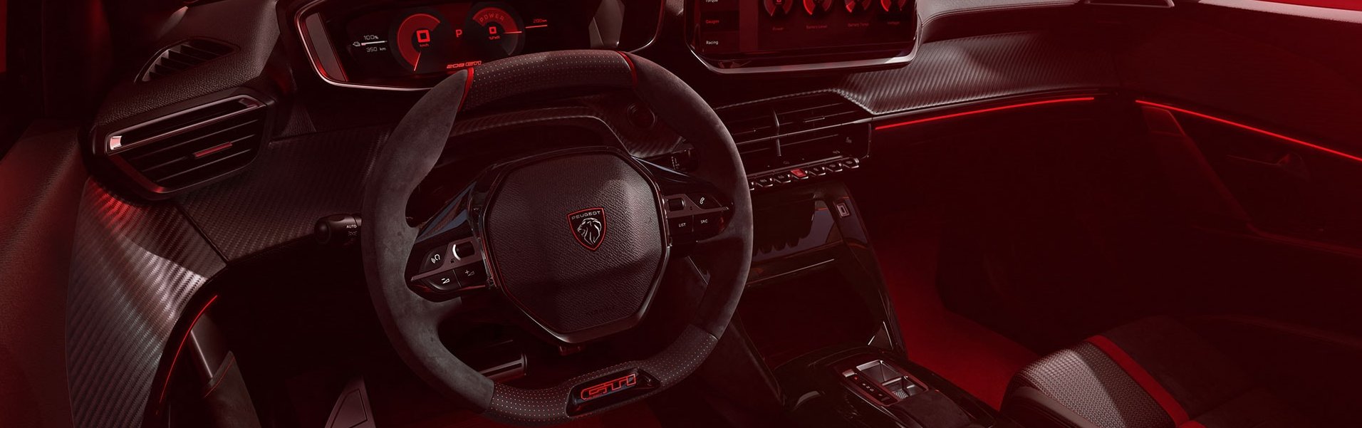 Car interior with red ambient lighting, digital displays, and sporty steering wheel.