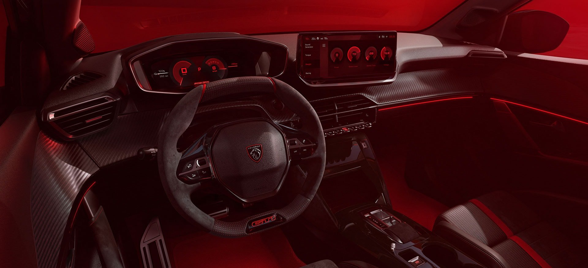 Car interior with red ambient lighting, a steering wheel, digital displays, and sporty seats.
