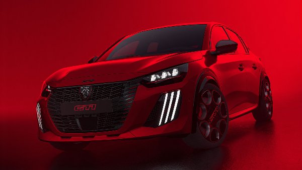 Red Peugeot GTI car with distinctive grille and alloy wheels.