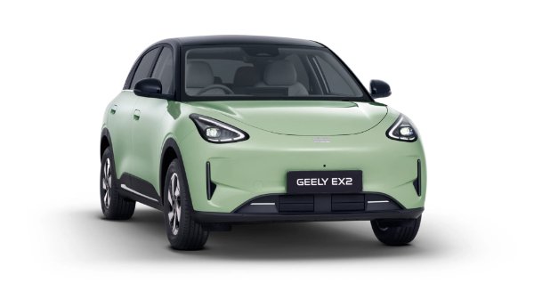 Light green and black Geely EX2 hatchback car, front and side view.