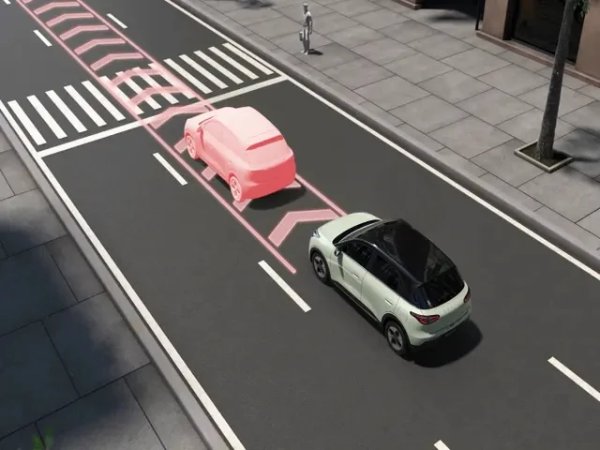 Car with lane assist feature follows virtual outline of another vehicle on the road.