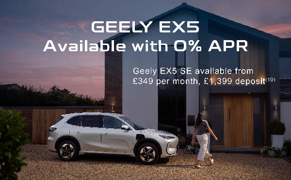A woman approaches a white Geely EX5 car parked outside a modern house.