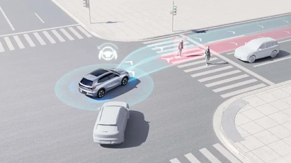 Autonomous car at an intersection detecting pedestrians crossing the road.