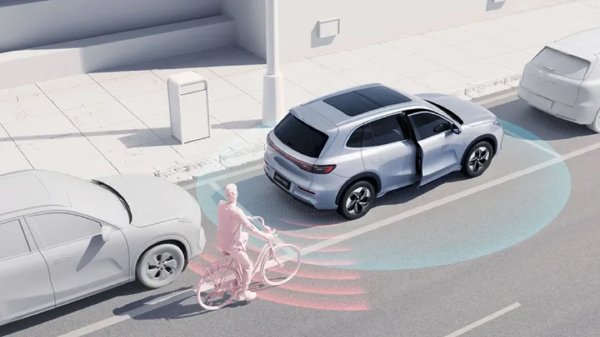 Self-driving car detecting cyclist beside an open door.