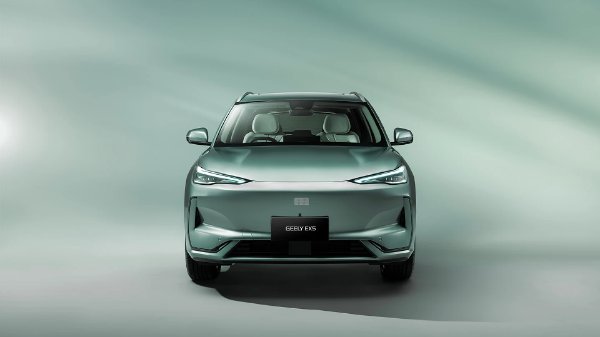 Front view of a Geely EX5 car, showcasing headlights and grille.