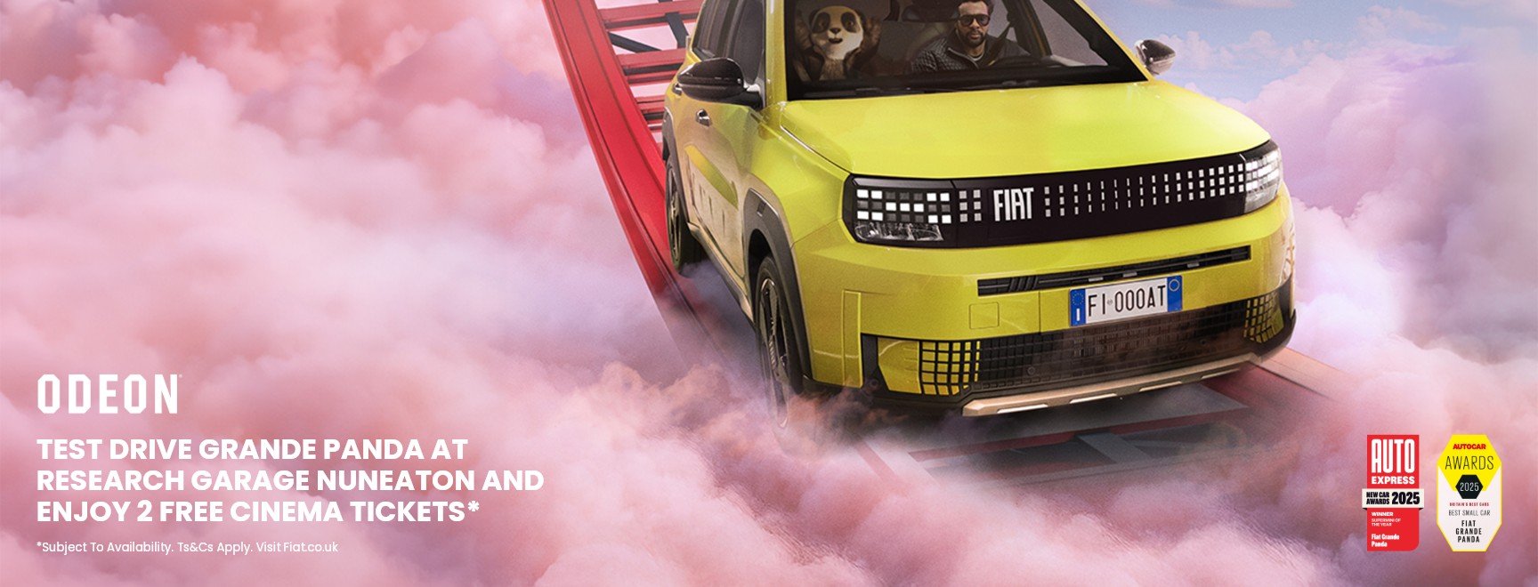 Bright yellow Fiat car with a panda on a red road among clouds.