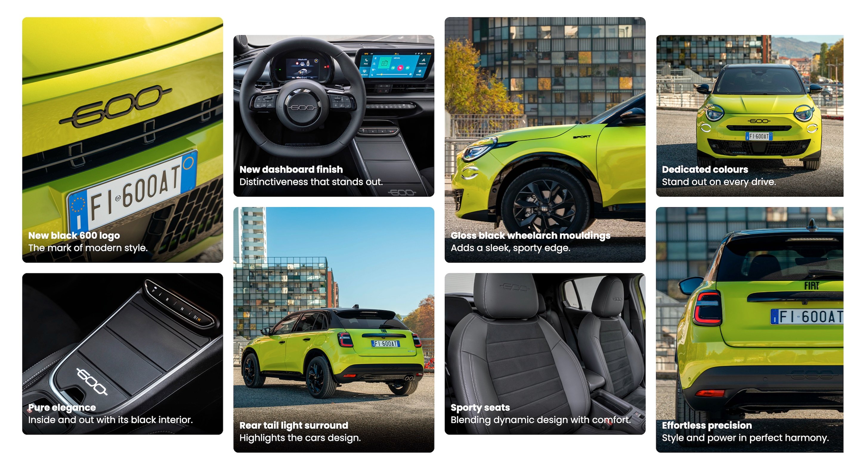Collage showcasing the features of a bright green Fiat 600 car from various angles.