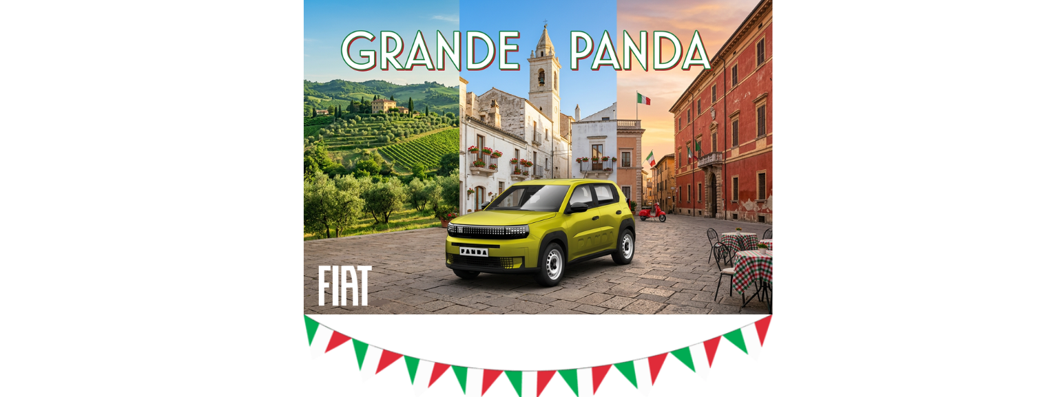 Green Fiat Grande Panda car with Italian flags and text Fiat Grande Panda.