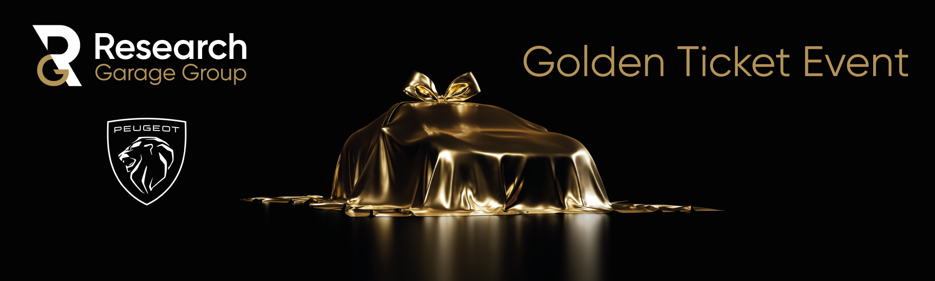 Golden car covered with cloth, Research Garage Group and Peugeot logos, Golden Ticket Event.