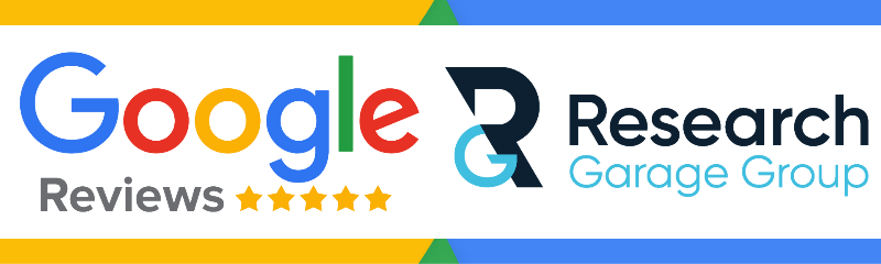 Google reviews five stars, Research Garage Group logo.