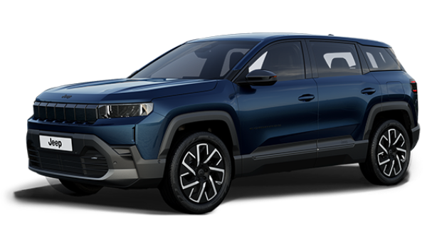 Blue Jeep SUV, front and side view.