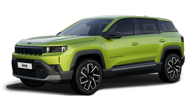 Green Jeep Compass SUV, front-side view.