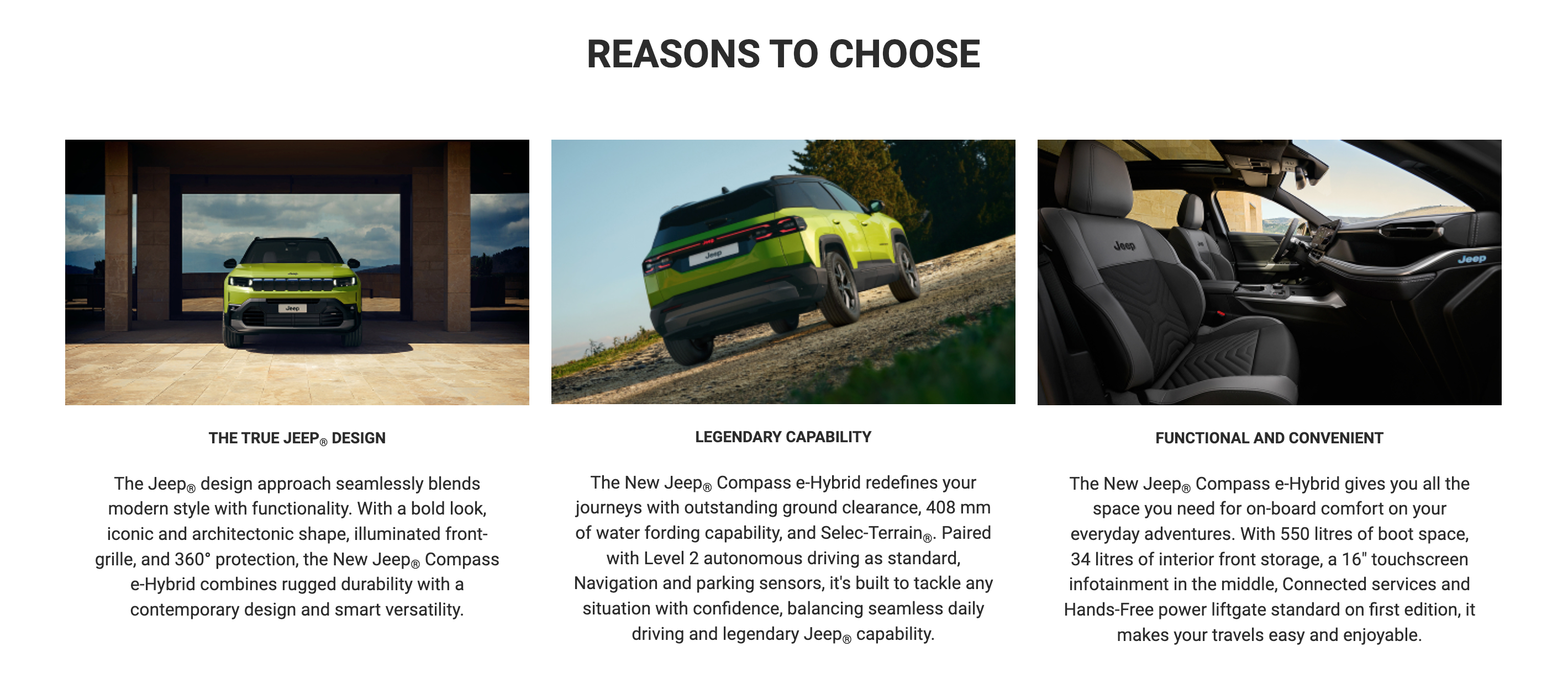 Website showing various images and details of the Jeep Compass e-Hybrid.