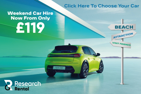 Green car with rental signs and price £119 from Research Rental.