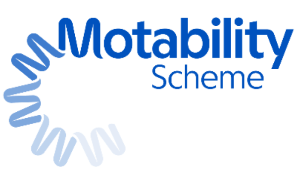 Logo of the Motability Scheme with a sunburst graphic and blue text.
