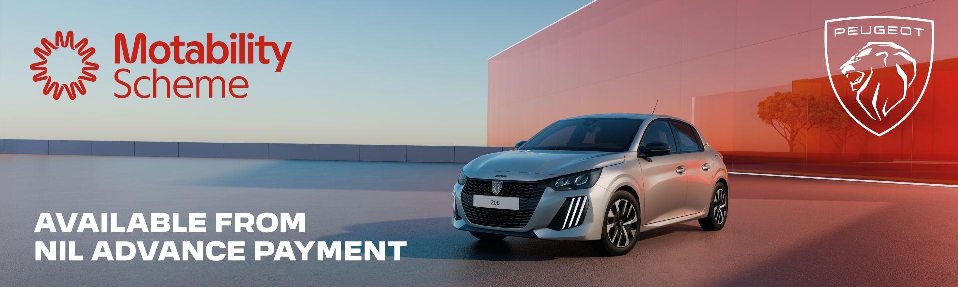 Peugeot 208 car, part of the Motability Scheme, available with nil advance payment.