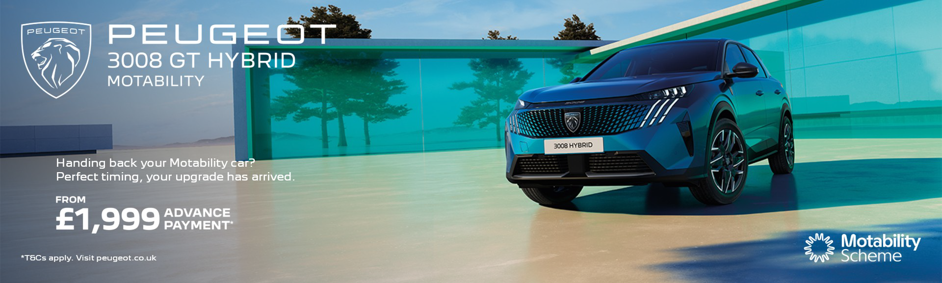 Blue Peugeot 3008 GT hybrid displayed with Motability Scheme information.