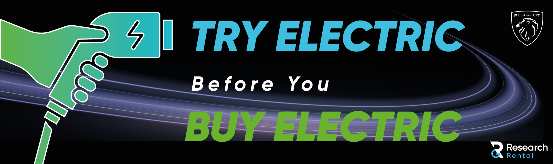 Green hand plugging in charger with text Try Electric Before You Buy Electric.