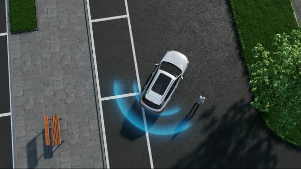 Car using sensors to park autonomously beside a pavement with a bench and nearby trees.