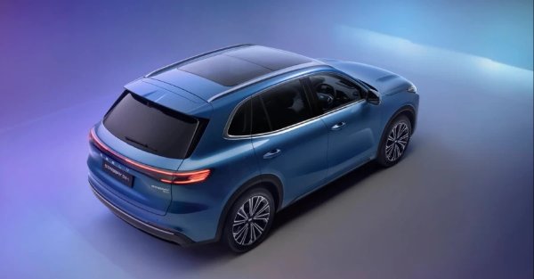 Blue SUV viewed from above and behind, showing rear lights and side profile.