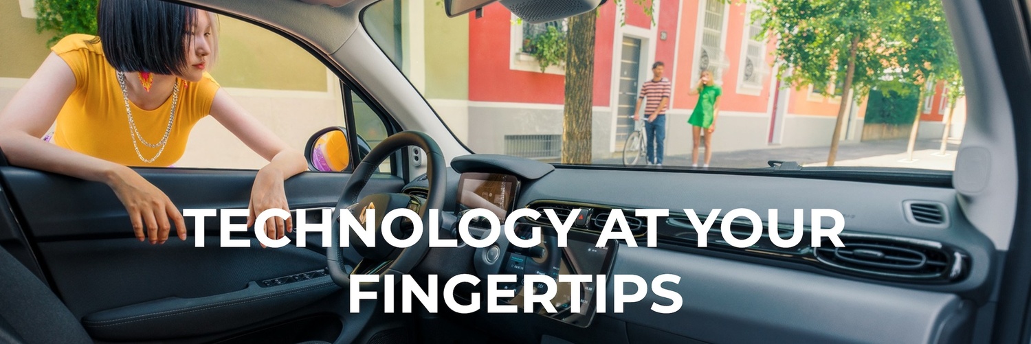 Woman leaning into a car with Technology at Your Fingertips text on image.
