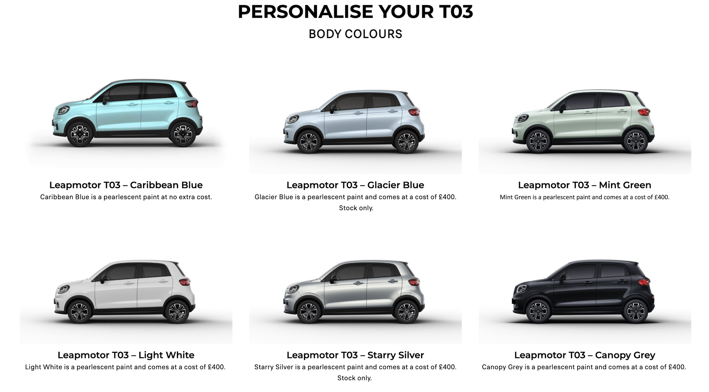 Six Leapmotor T03 cars in different colours: Caribbean Blue, Glacier Blue, Mint Green, Light White.